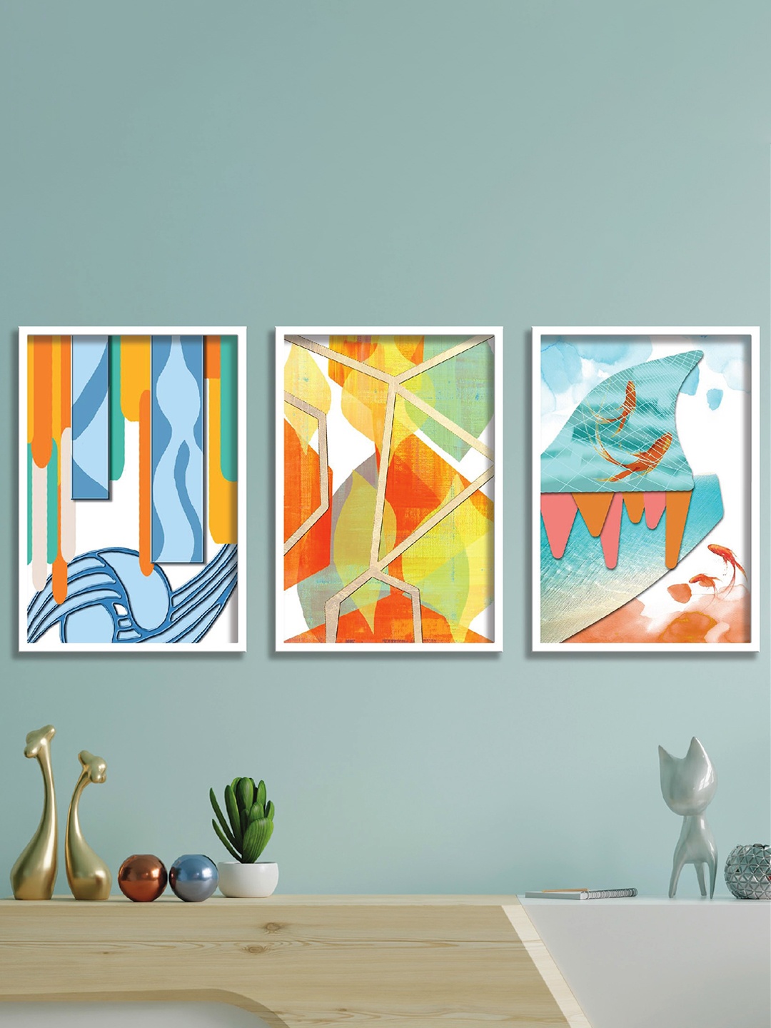 SAF White & Blue 3-Pieces Abstract Printed Framed Wall Art
