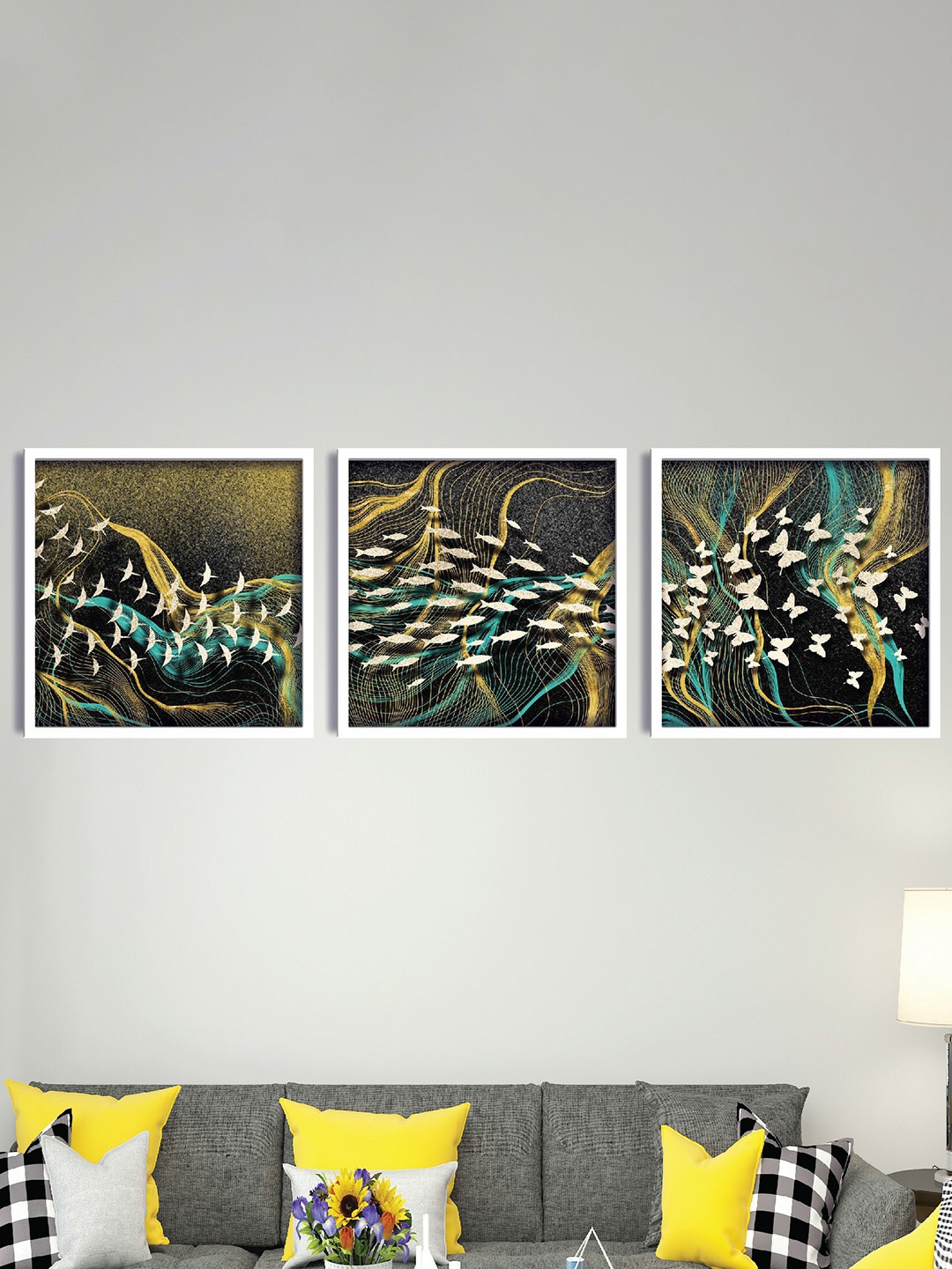 SAF Black & Yellow 3-Pieces Abstract Printed Framed Wall Art