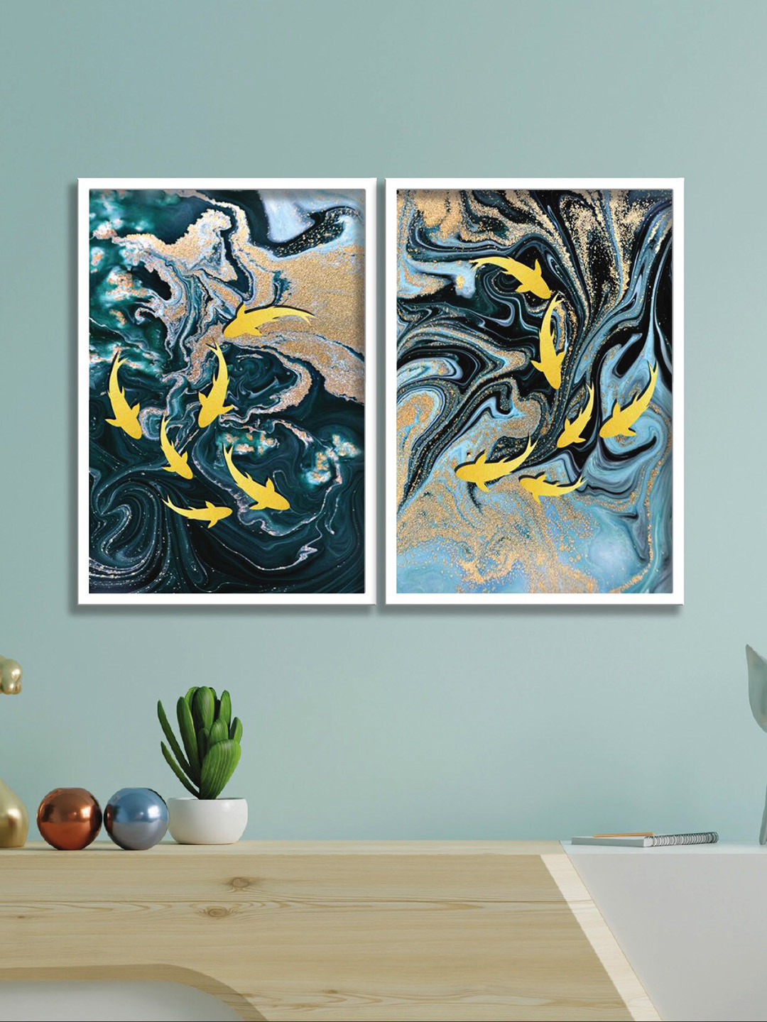 

SAF Blue & Yellow 2-Pieces Abstract Printed Framed Wall Art