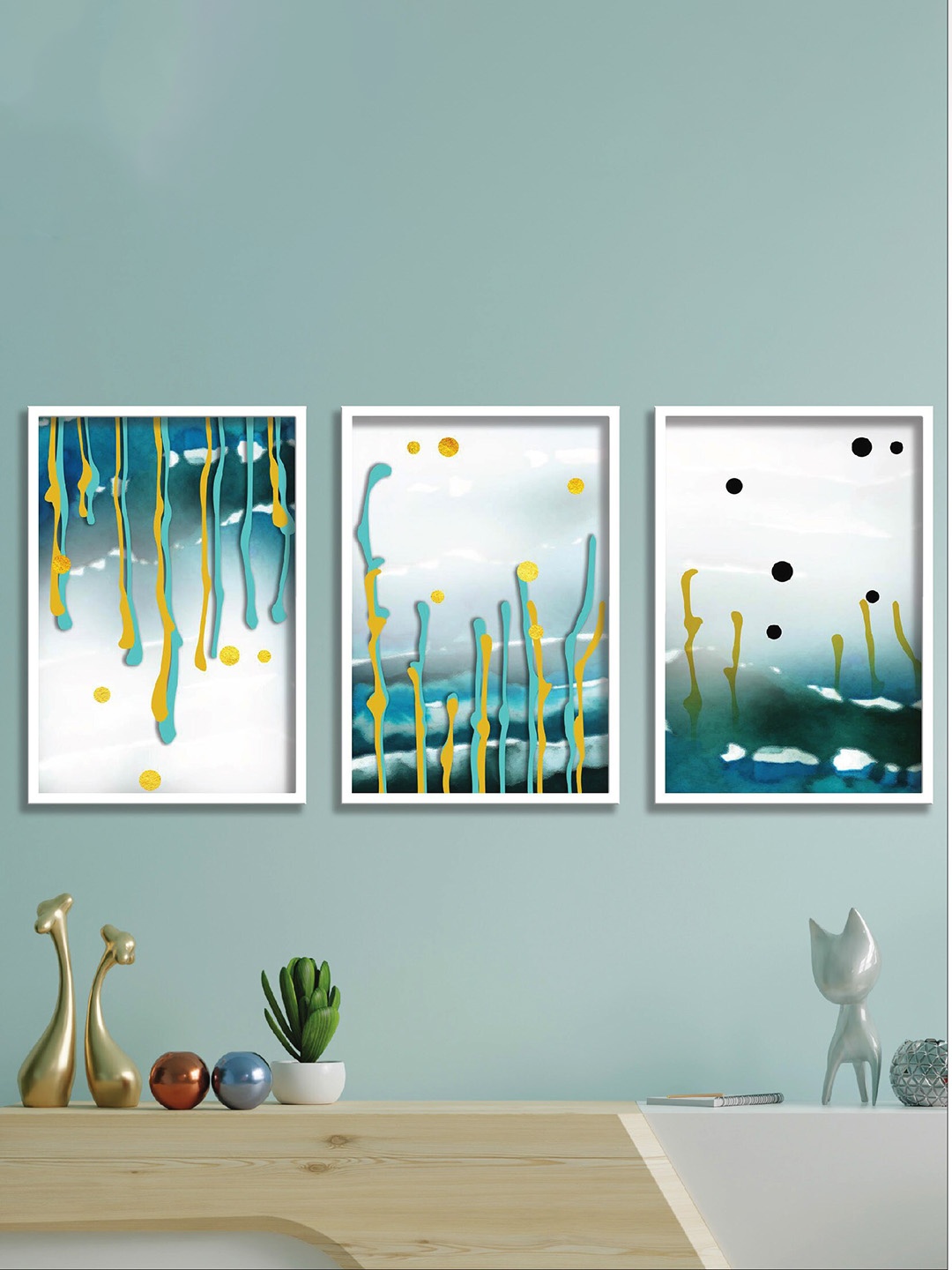 

SAF White and Turquoise 3-Pieces Abstract Printed Framed Wall Art