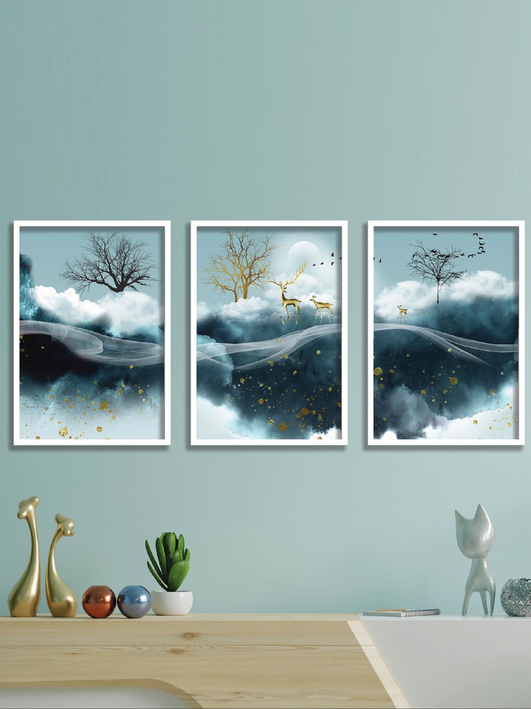 

SAF Blue & White 3-Pieces Nature Art Printed Framed Wall Art