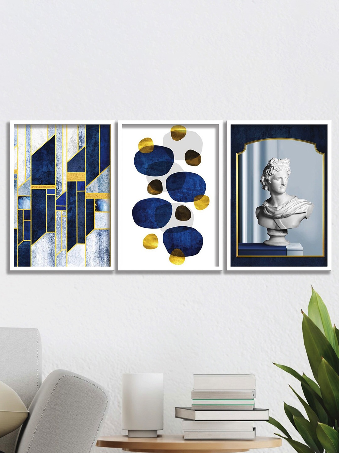 SAF White & Blue 3-Pieces Modern Art Printed Framed Wall Art