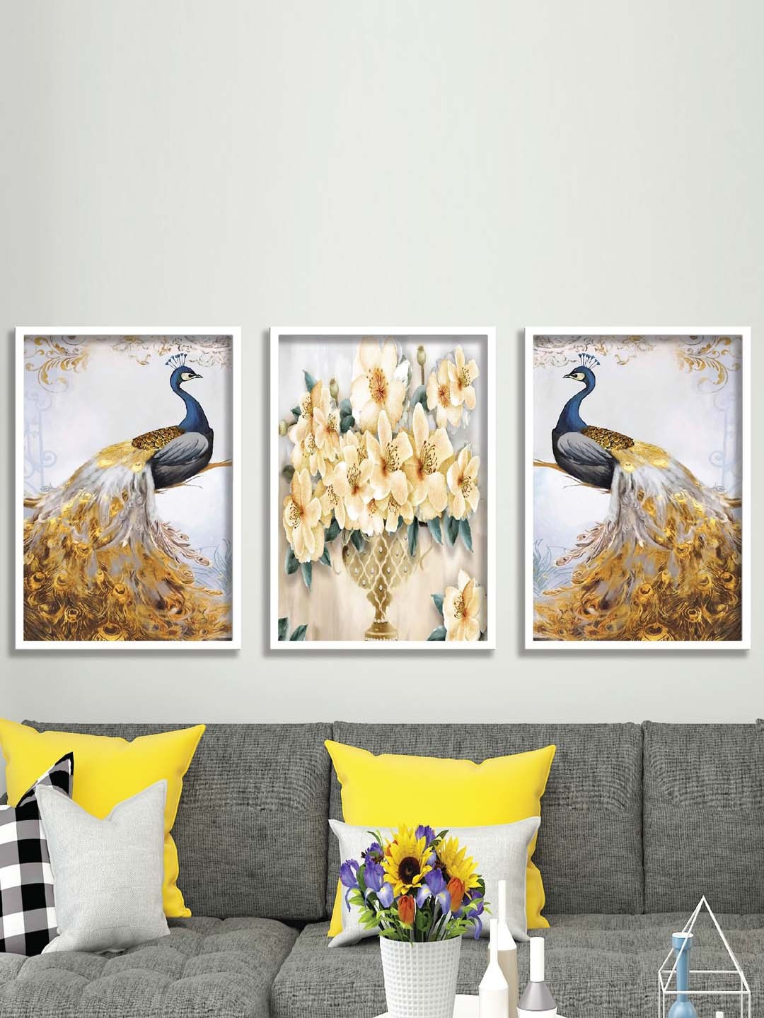 

SAF White & Brown 3-Pieces Peacock & Flower Printed Framed Wall Art