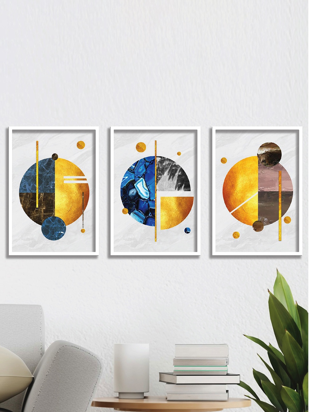 

SAF White & Blue 3 Pieces Abstract Wall Art