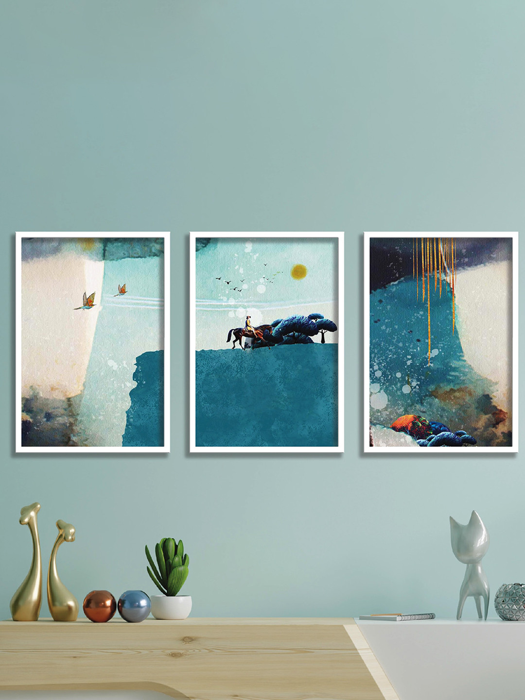 

SAF Sea Green & White 3 Pieces Painting Wall Art