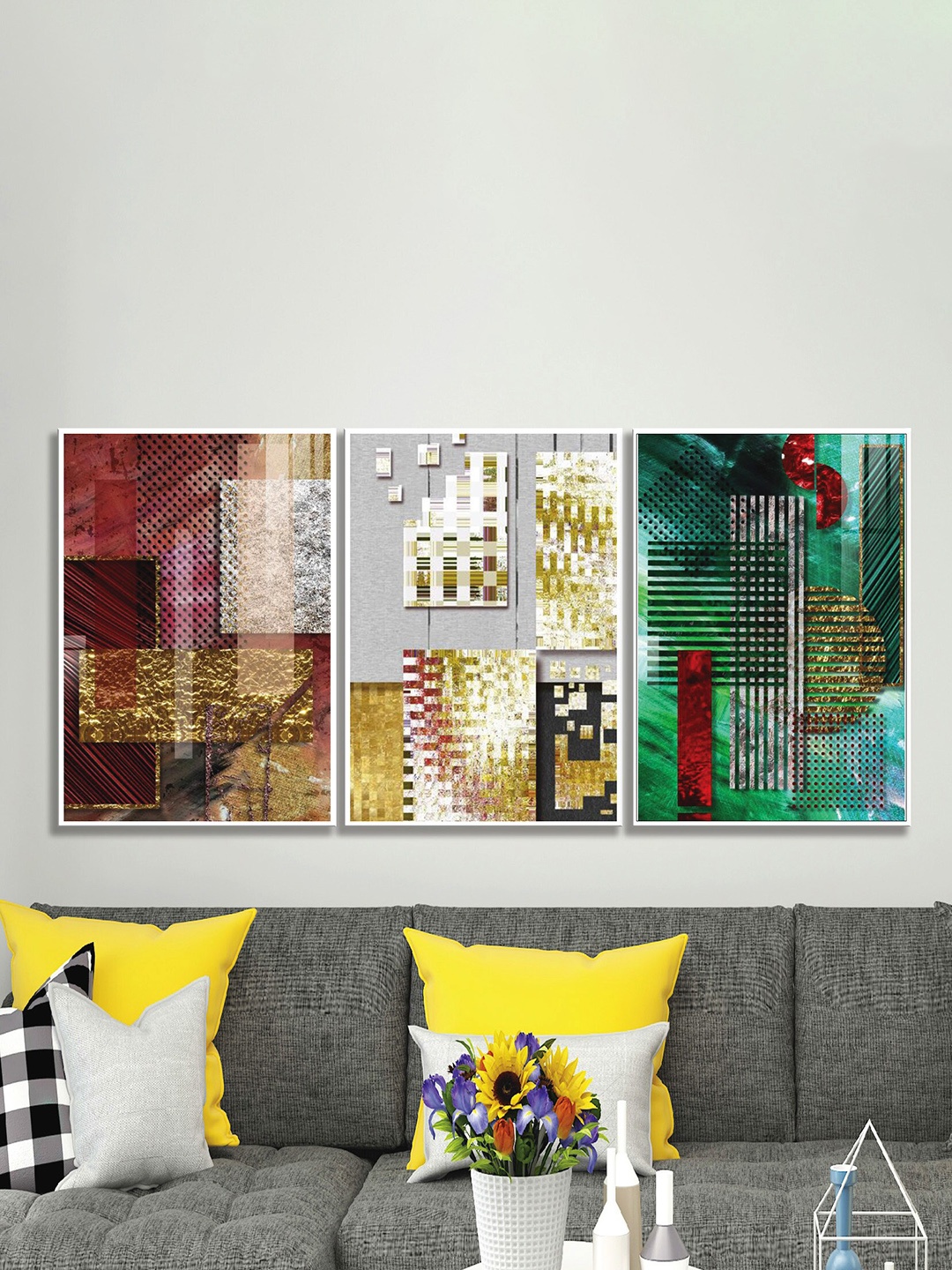 

SAF Red & Green 3 Pieces Abstract Printed UV Coating Wall Painting