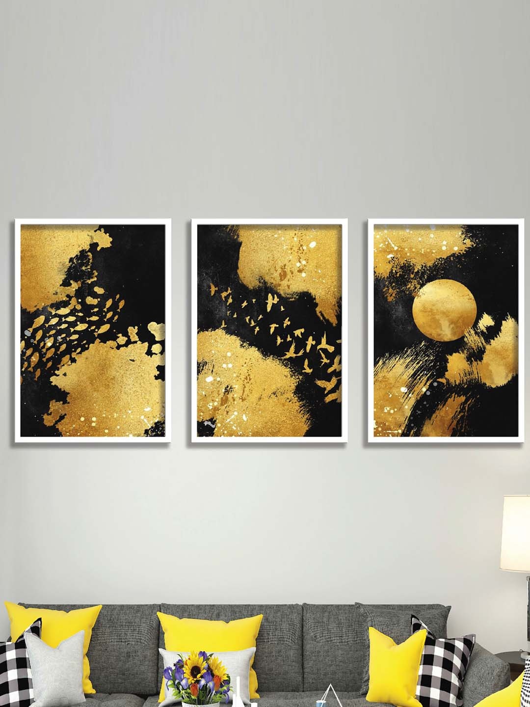 

SAF Black 3 Pieces Printed UV Textured Premium Framed Wall Painting, Gold