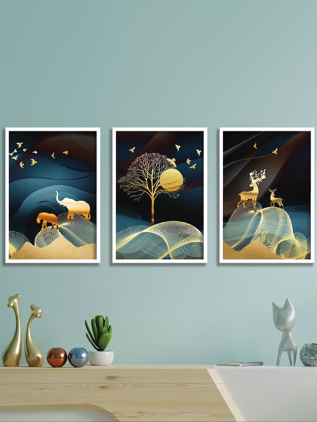 

SAF Blue & Beige 3 Pieces Nature Art Printed UV Coating Wall Painting