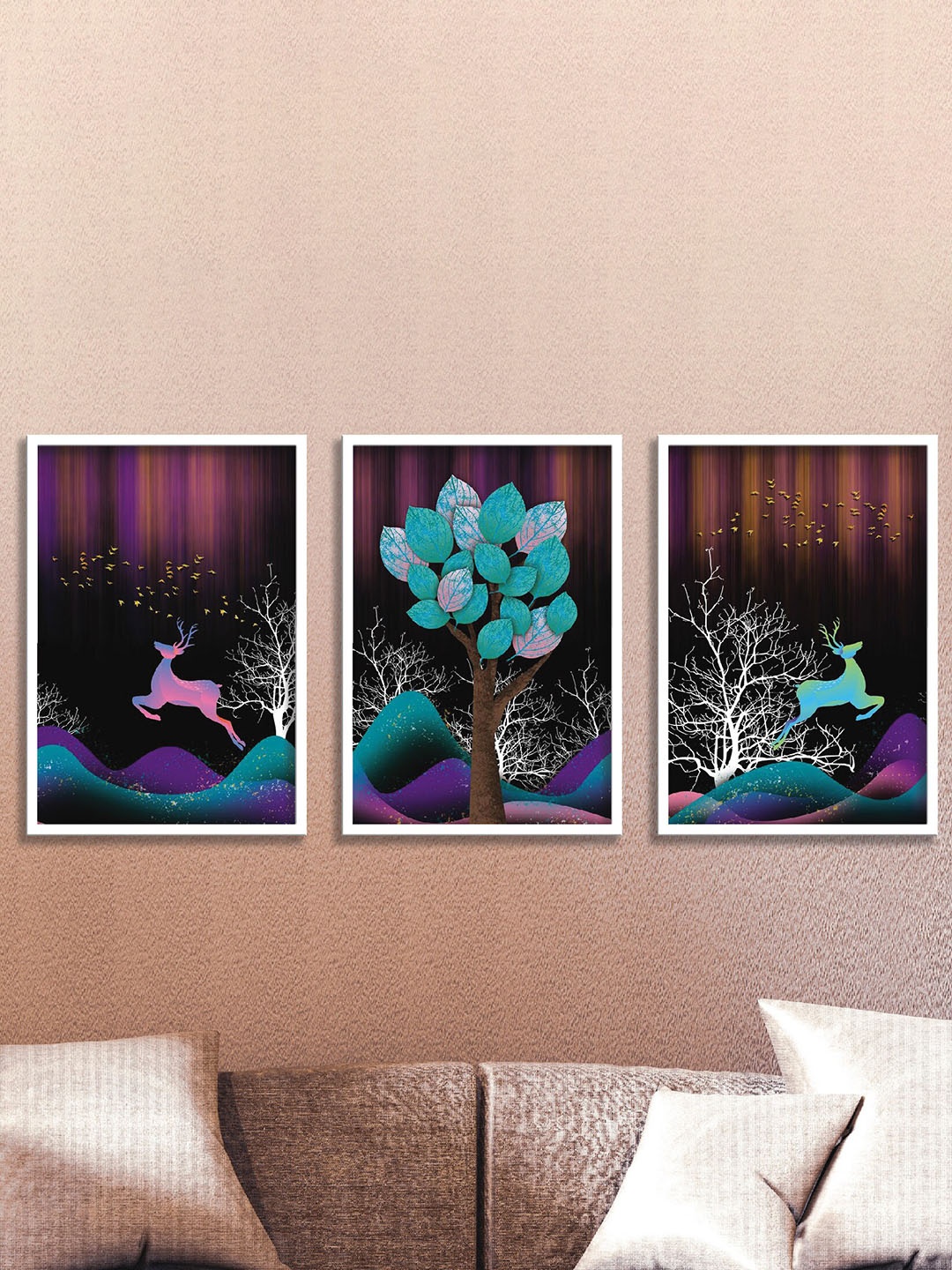 

SAF Purple & Green 3 Pieces Painting Wall Art, Black