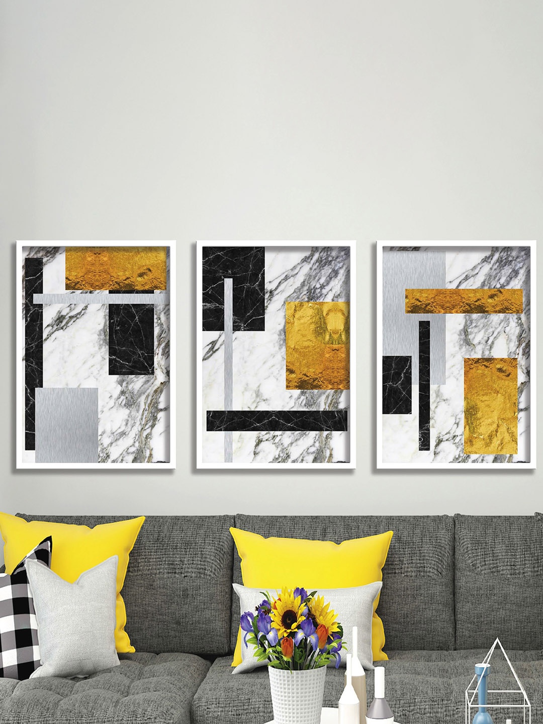 

SAF White & Black 3 Pieces Abstract Art Printed UV Coating Finish Framed Wall Paintings