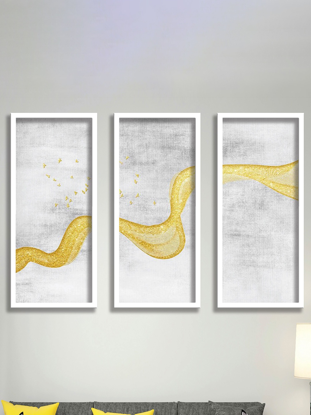 

SAF White & Yellow 3 Pieces Framed Modern Art Wall Painting