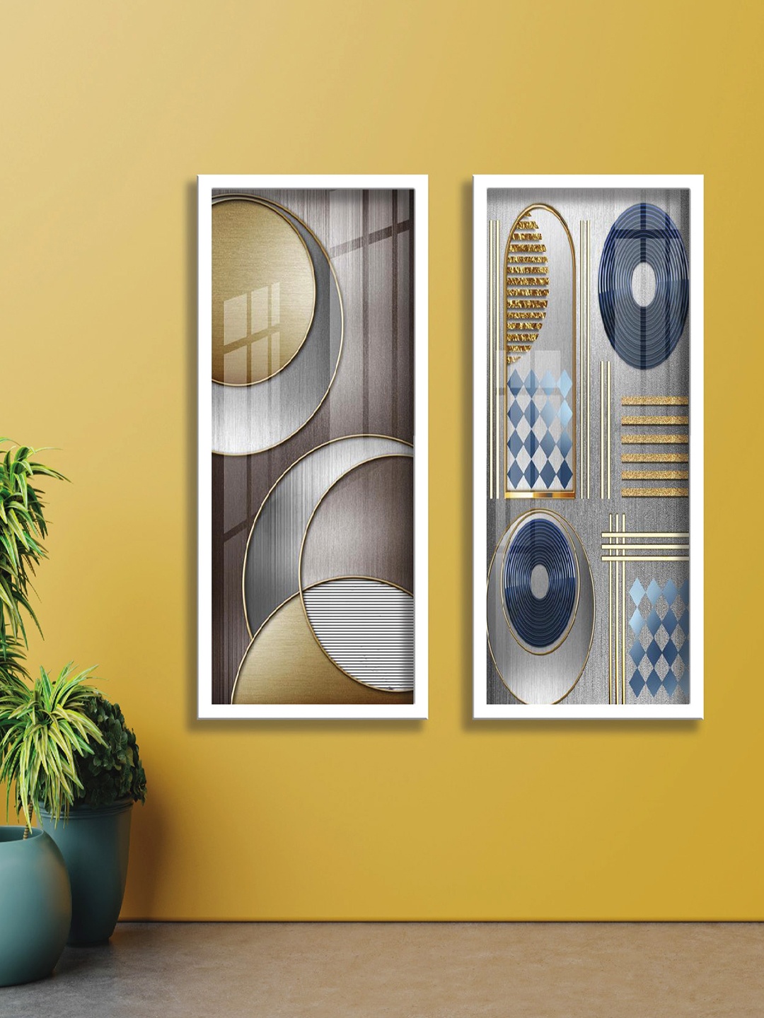 

SAF Brown & Grey 2 Pieces Abstract Art Printed UV Coating Finish Framed Wall Paintings