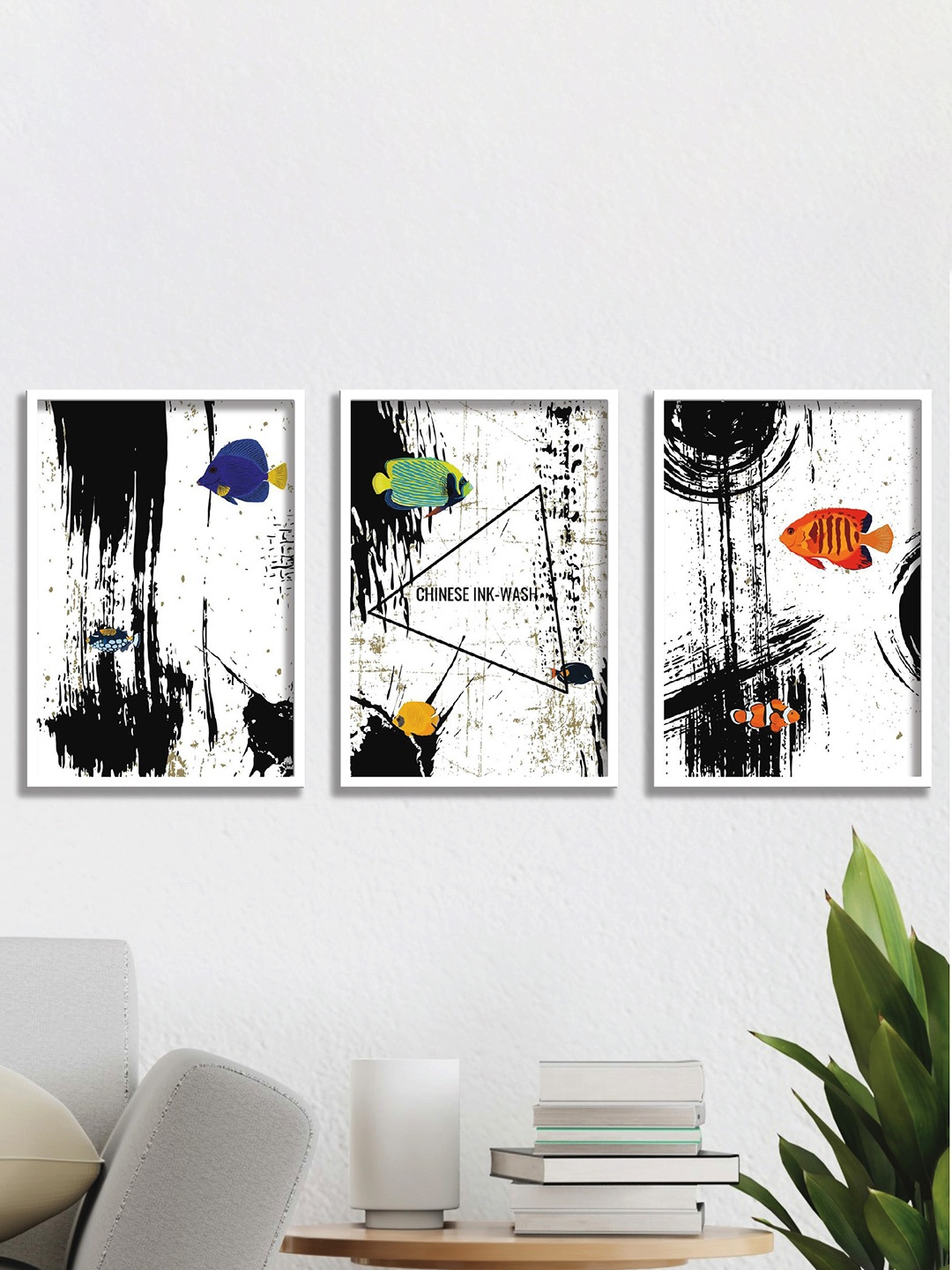 SAF White & Black 3 Pieces Abstract Painting Framed Wall Art
