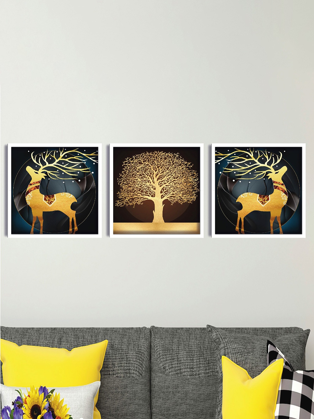 

SAF Black & Brown 3 Pieces Deer Printed Framed Wall Art