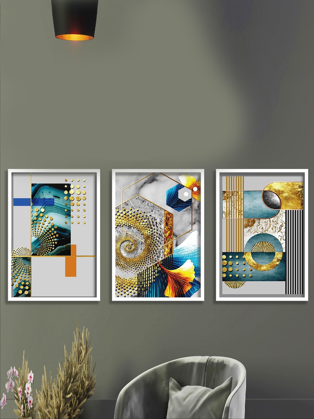 

SAF Grey & Beige 3 Pieces Abstract Art Printed UV Coating Finish Framed Wall Paintings