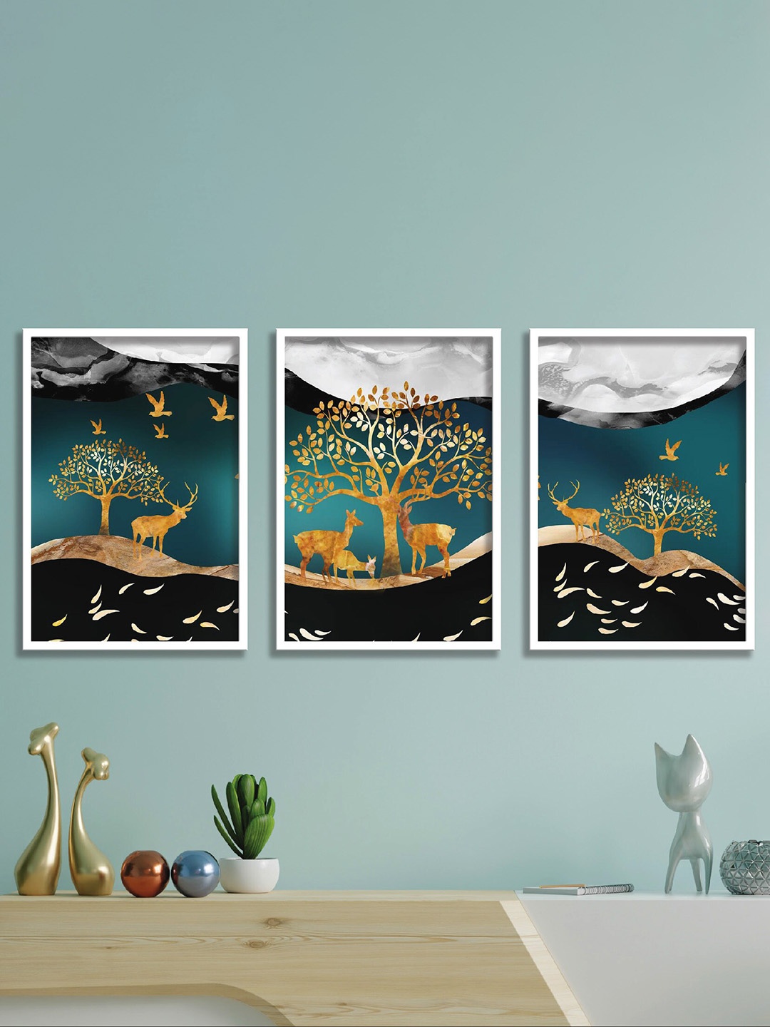 SAF Gold & Black 3 Pieces Nature Painting Waterproof Wall Arts