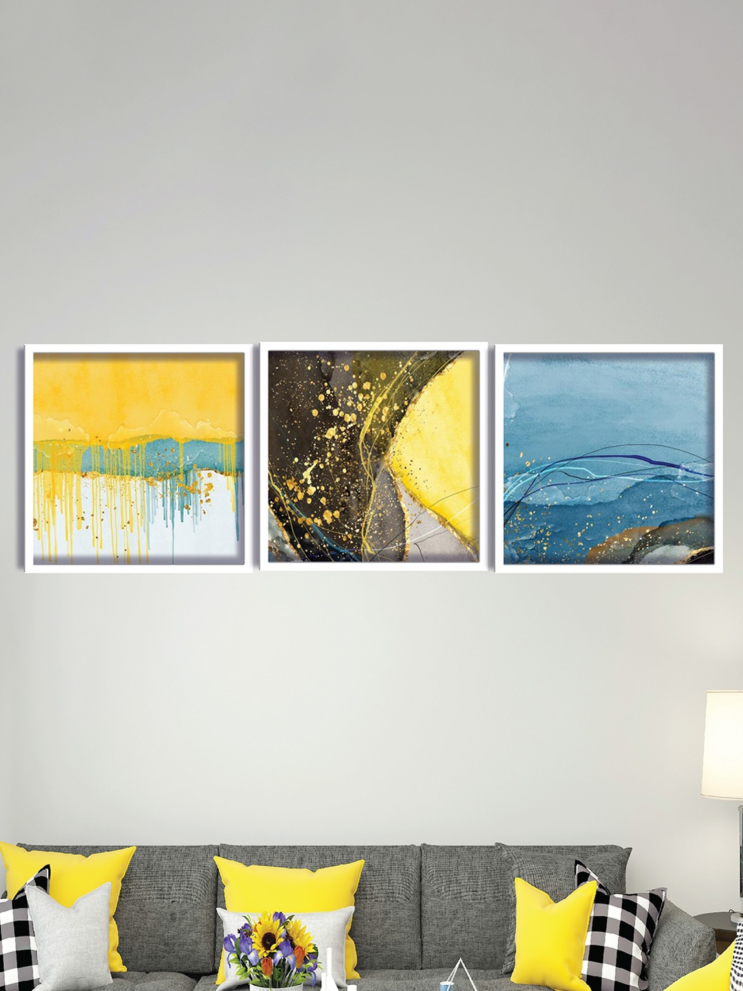 

SAF White & Yellow 3 Pieces Abstract Painting Waterproof Wall Arts