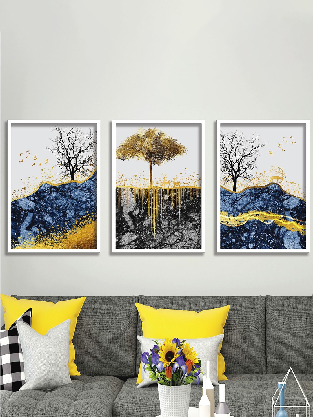 

SAF White & Blue 3 Pieces Nature Painting Waterproof Wall Arts