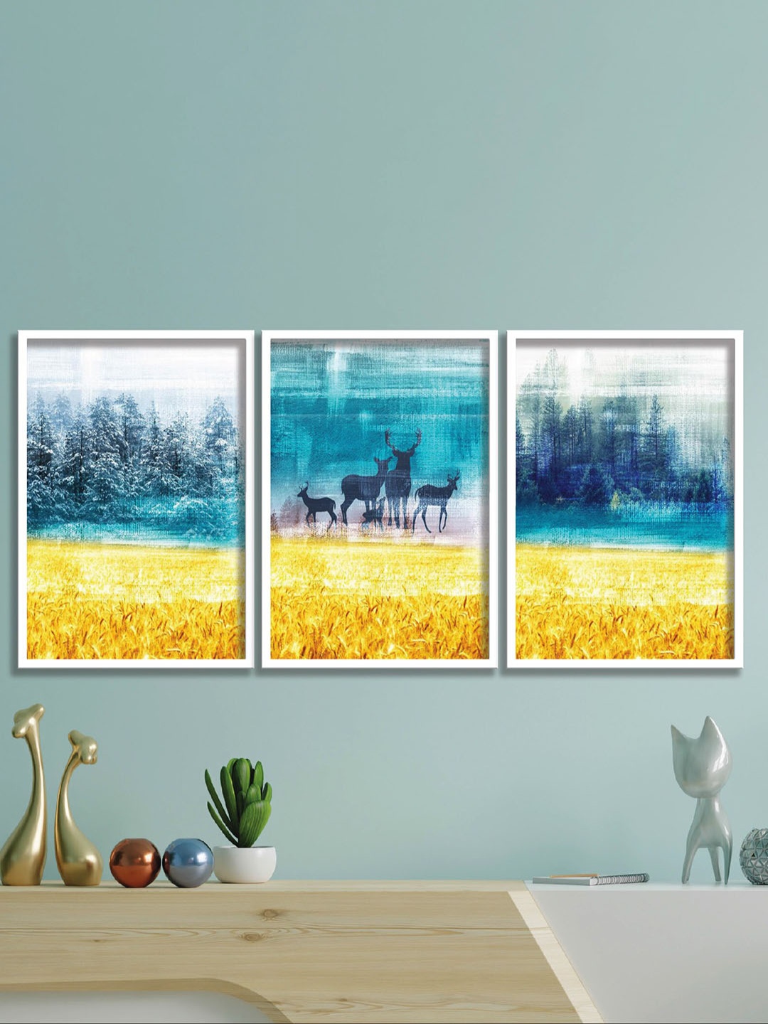 SAF Blue & Yellow 3 Pieces Abstract Painting Waterproof Wall Arts