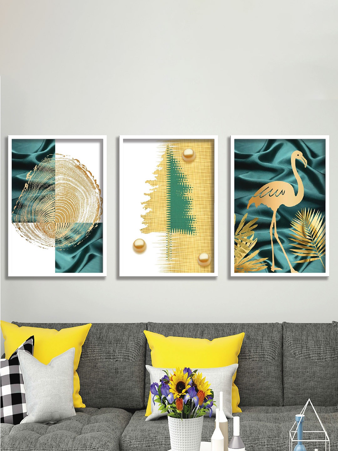 

SAF White & Green 3 Pieces Abstract Painting Waterproof Wall Arts