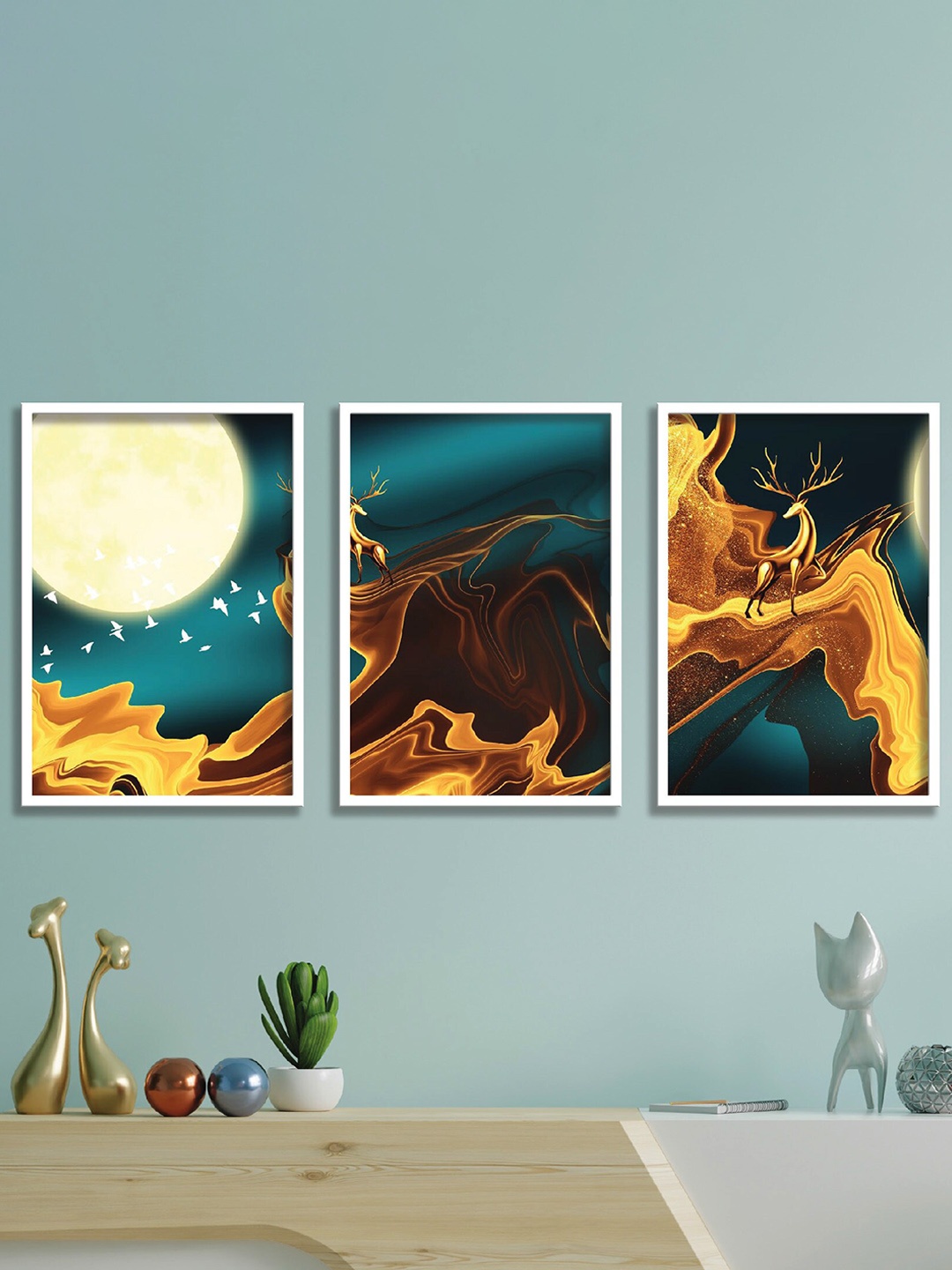 

SAF Beige & Blue 3 Pieces Nature Painting Wall Arts