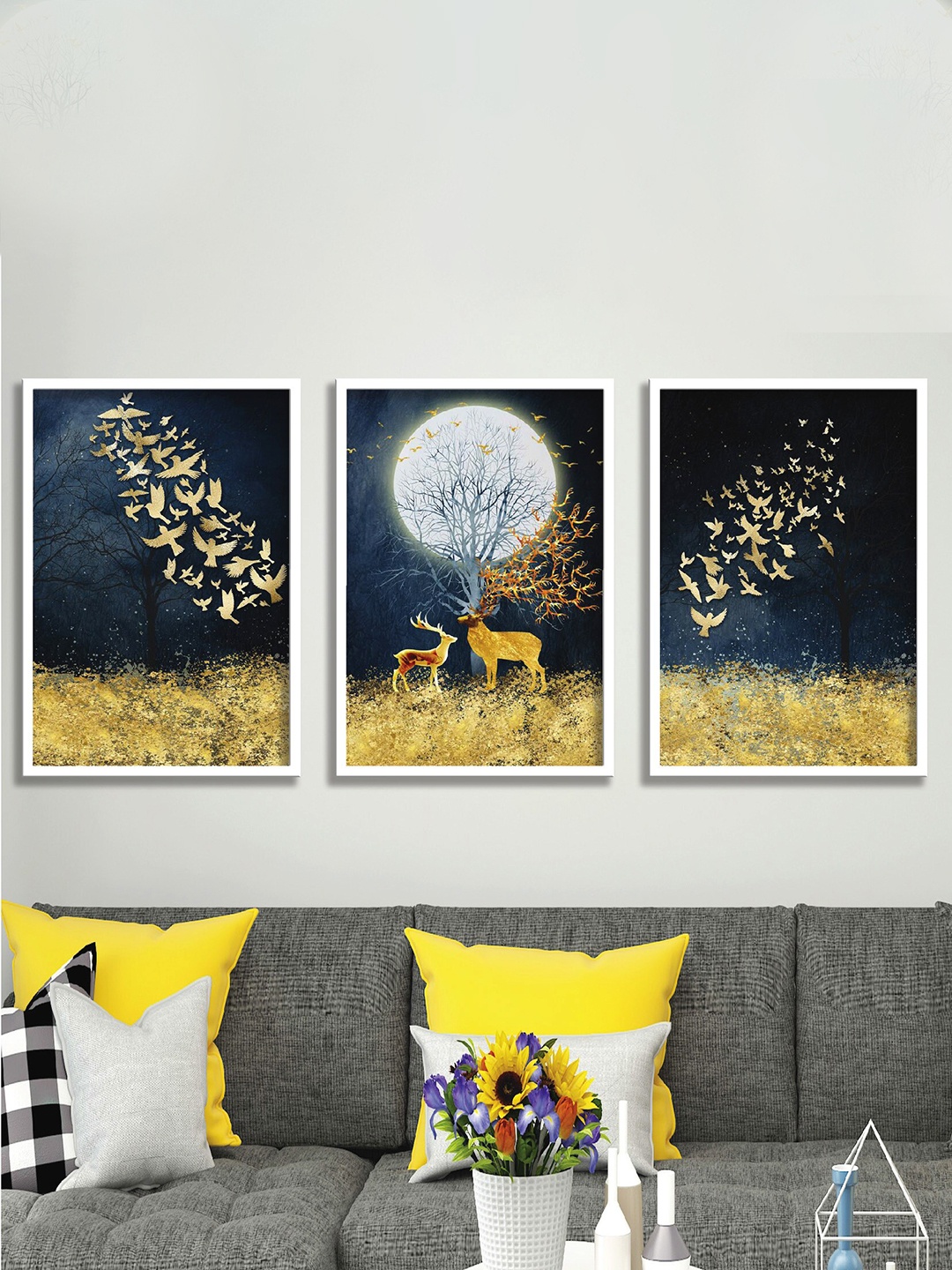 

SAF Blue & Yellow 3 Pieces Nature Painting Wall Arts
