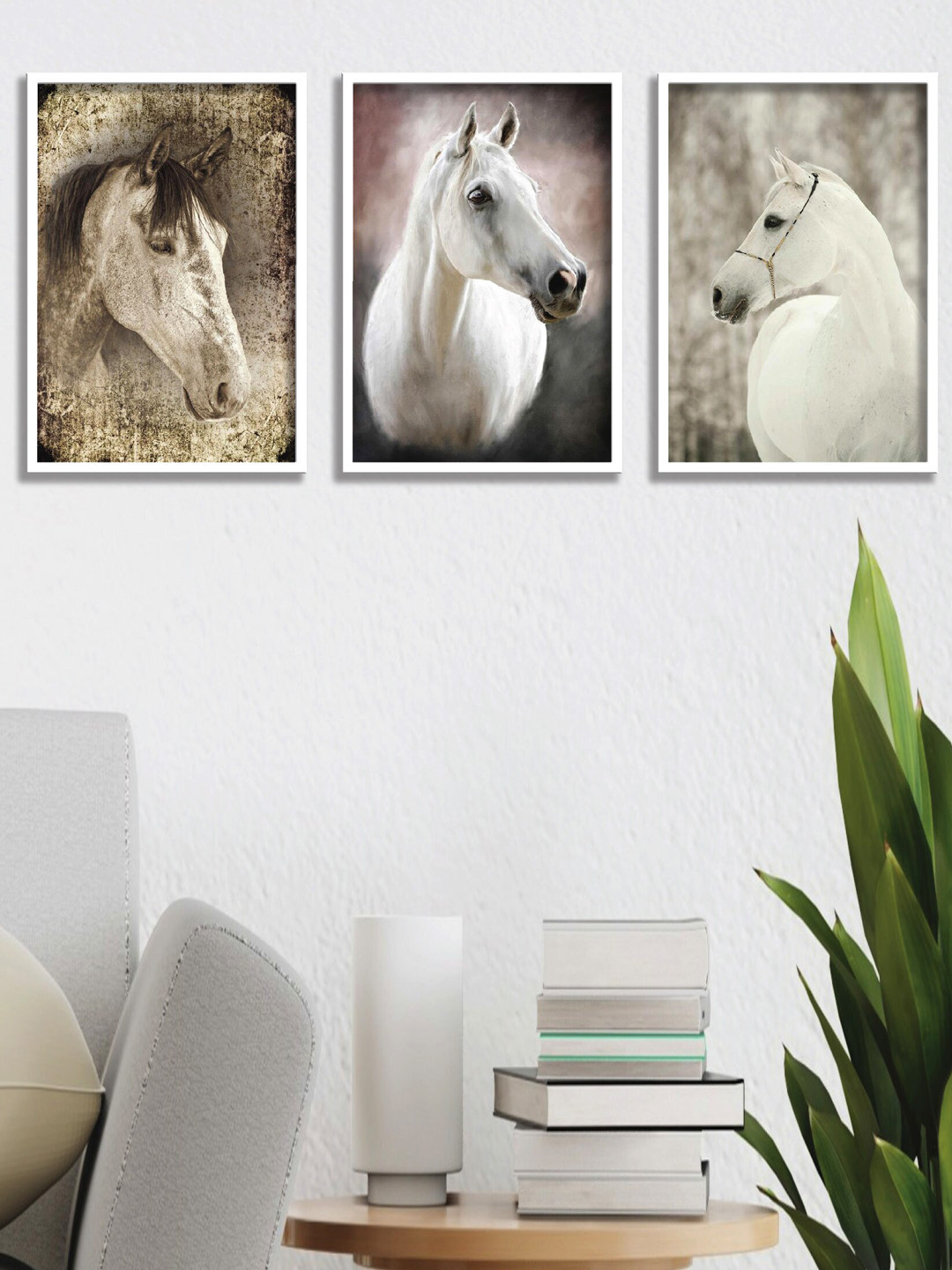 

SAF Grey & White 3 Pieces Horse Painting Wall Arts