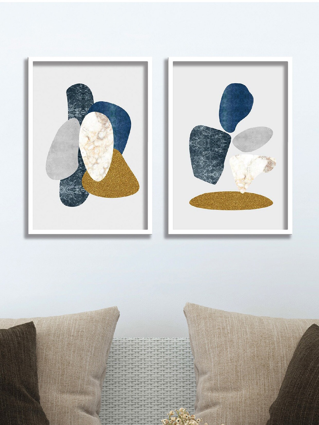 

SAF Off-White & Blue 2 Pieces Abstract Painting Wall Arts