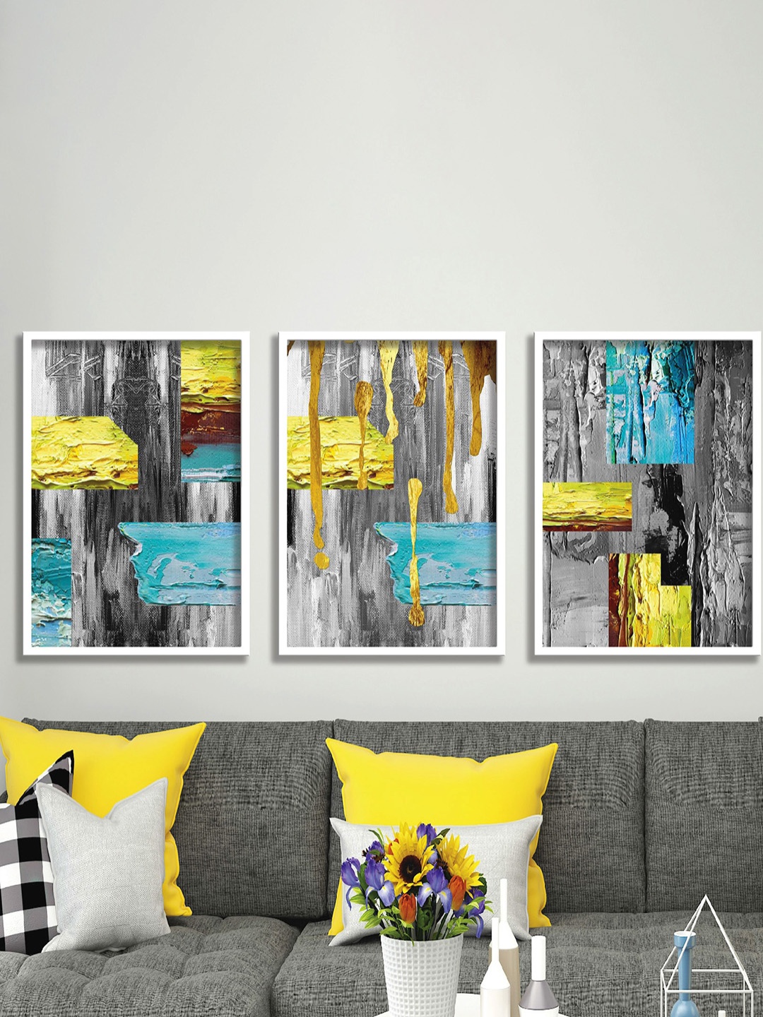 

SAF Grey & Yellow 3 Pieces Abstract Painting Wall Arts