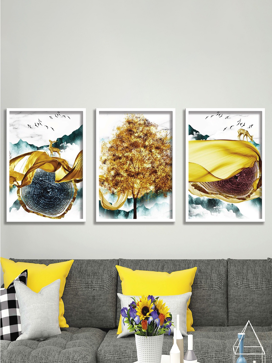

SAF Yellow & White 3 Pieces Painting Wall Arts