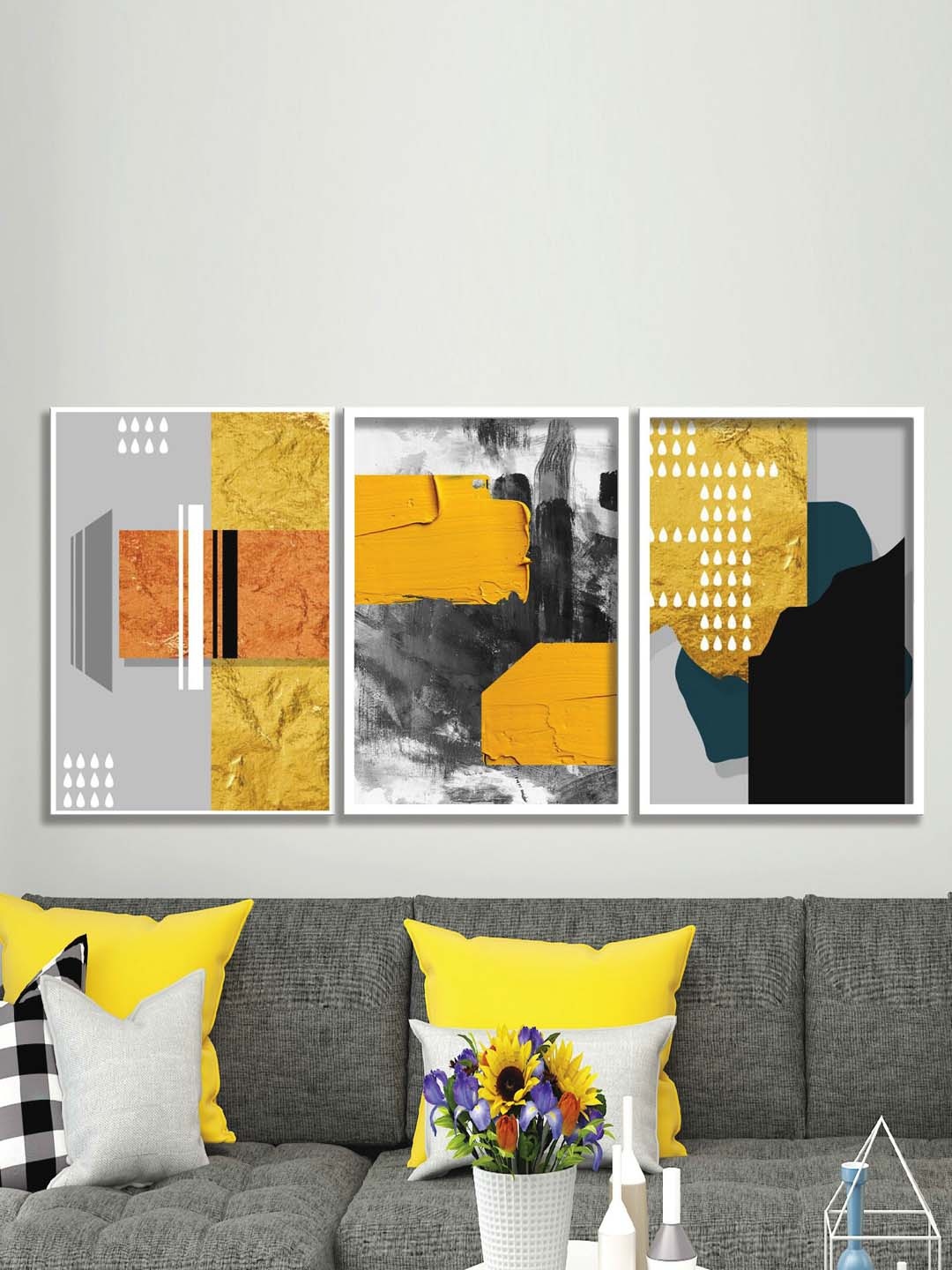 

SAF Grey & Yellow 3 Pieces Abstract Painting Wall Arts