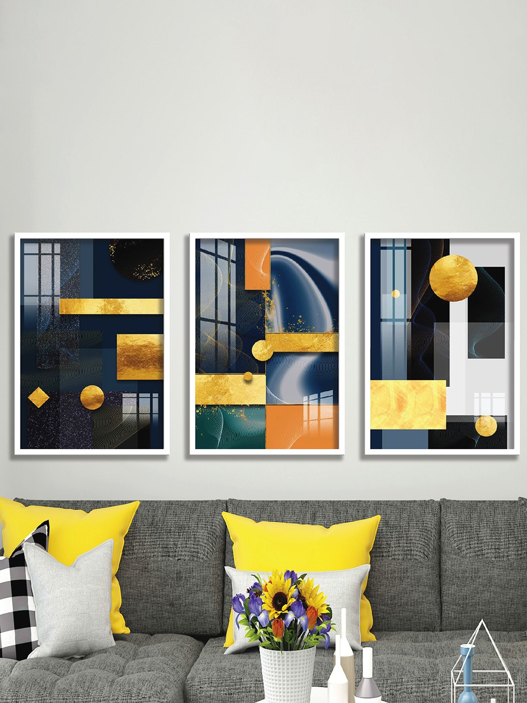

SAF Blue & White 3 Pieces Abstract Painting Wall Arts
