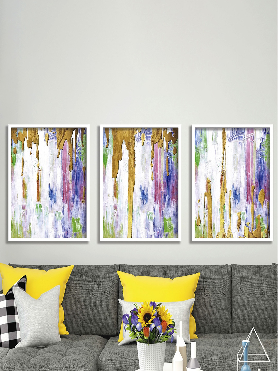 

SAF White & Yellow 3 Pieces Painting Wall Arts