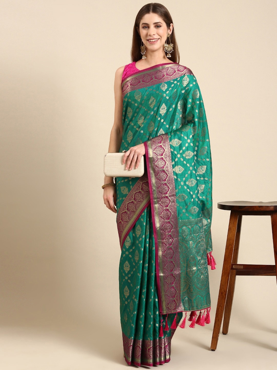 

MS RETAIL Woven Design Zari Silk Blend Banarasi Saree, Green