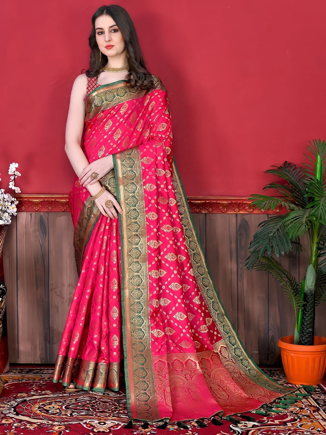 

MS RETAIL Ethnic Woven Design Zari Banarasi Saree, Pink