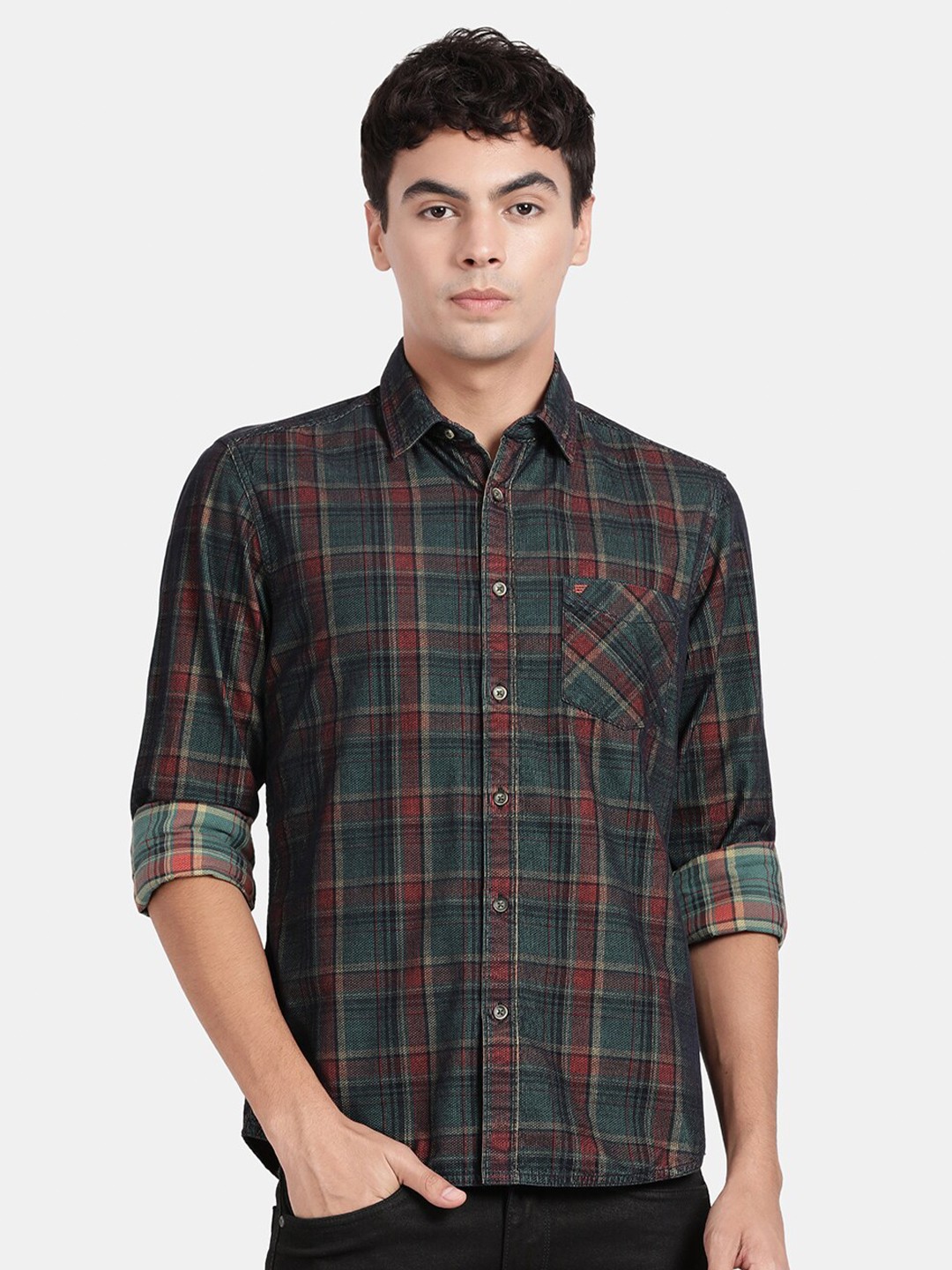 

t-base Tartan Checks Cotton Casual Shirt, Green