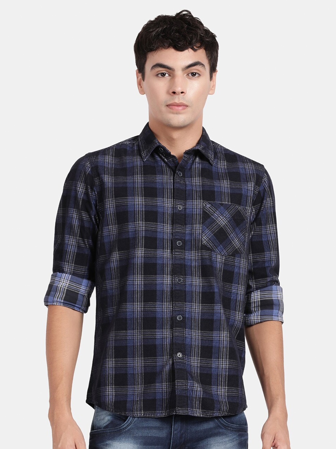 

t-base Tartan Checks Cotton Casual Shirt, Navy blue