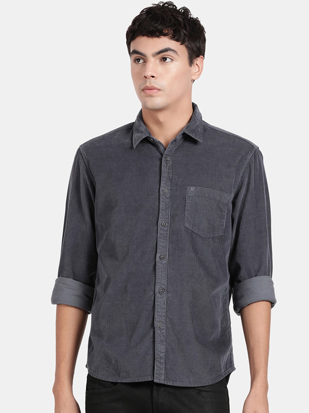 

t-base Spread Collar Cotton Casual Shirt, Grey