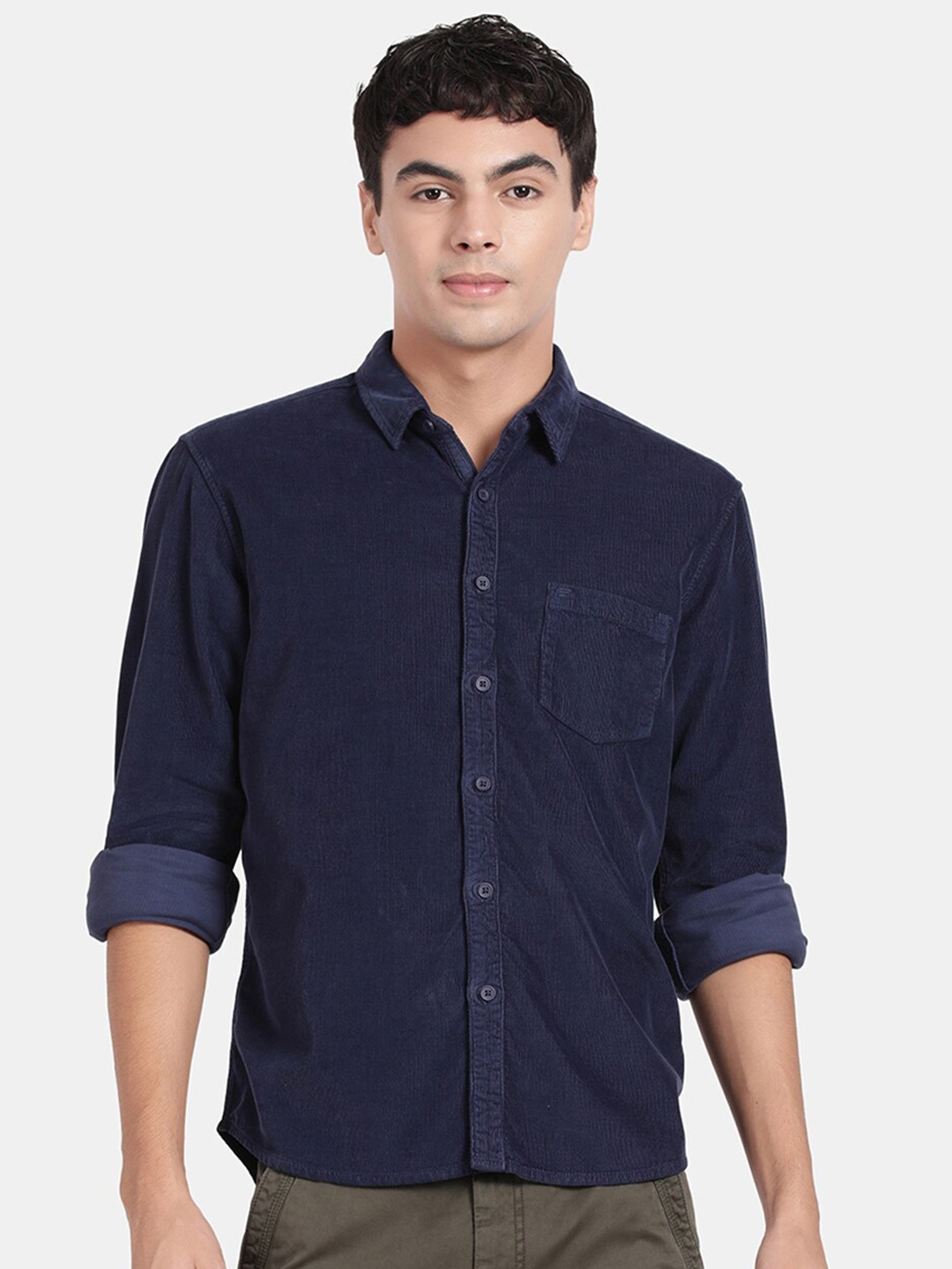 

t-base Spread Collar Cotton Casual Shirt, Navy blue