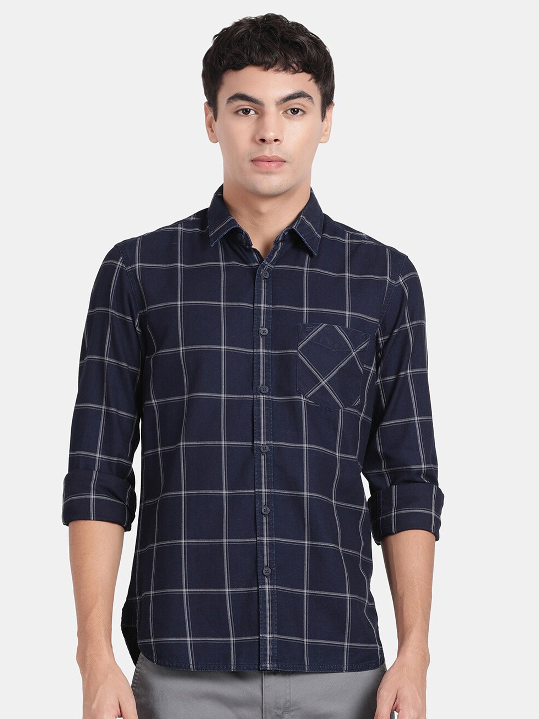 

t-base Windowpane Checks Cotton Casual Shirt, Navy blue