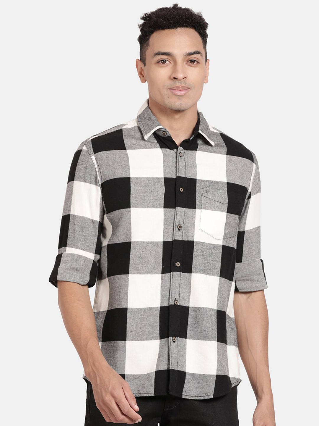 

t-base Gingham Checks Cotton Casual Shirt, Black