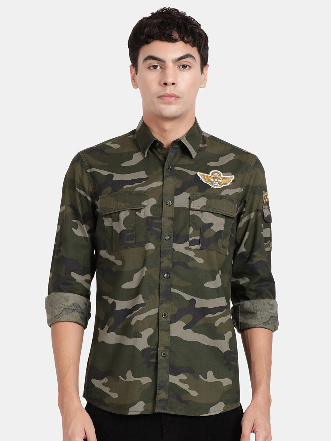 

t-base Camouflage Printed Cotton Casual Shirt, Olive