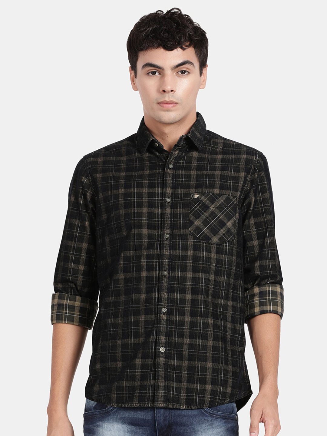 

t-base Tartan Checks Cotton Casual Shirt, Olive