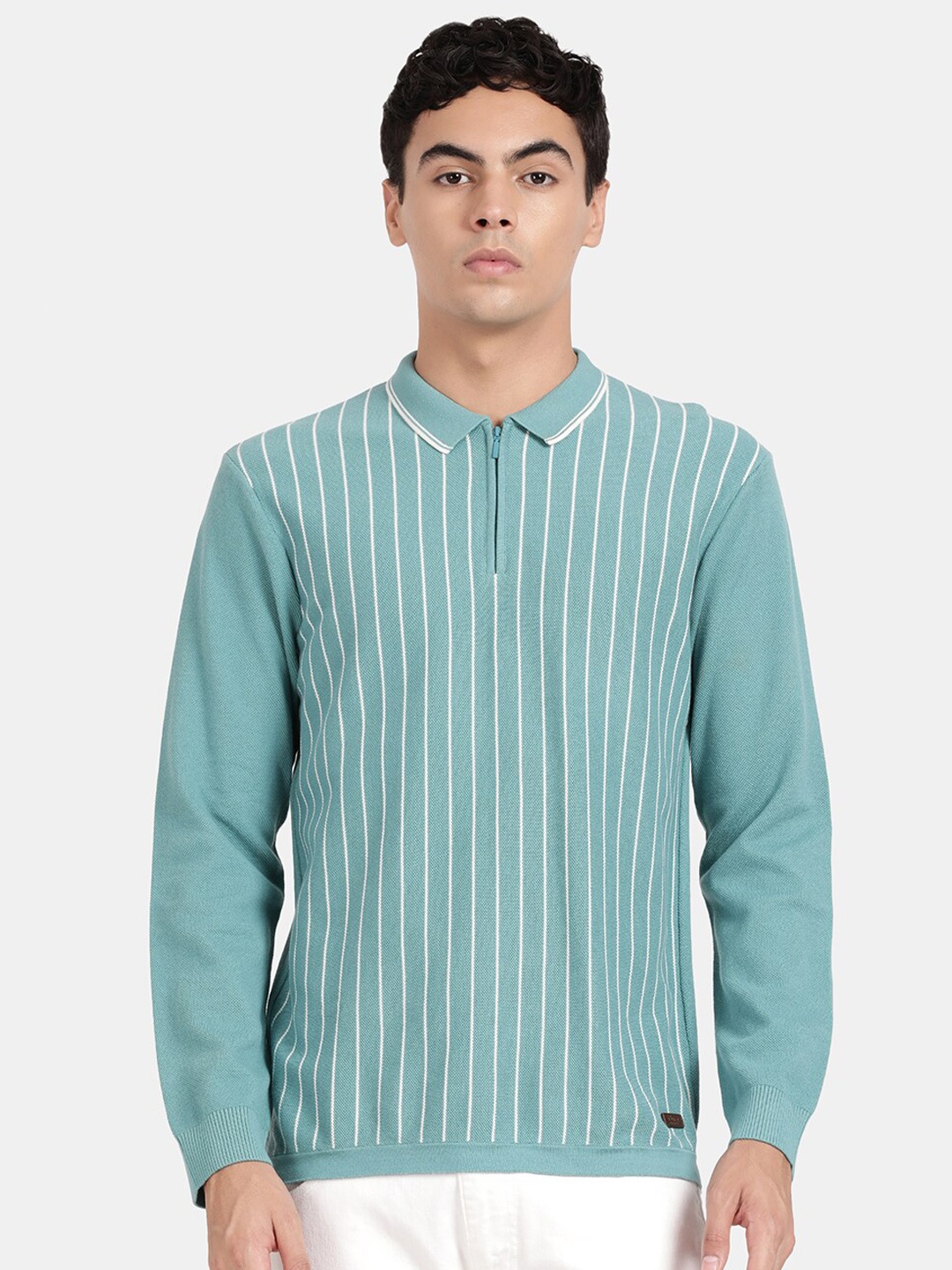 

t-base Striped Polo Collar Cotton Cotton T-shirt, Green