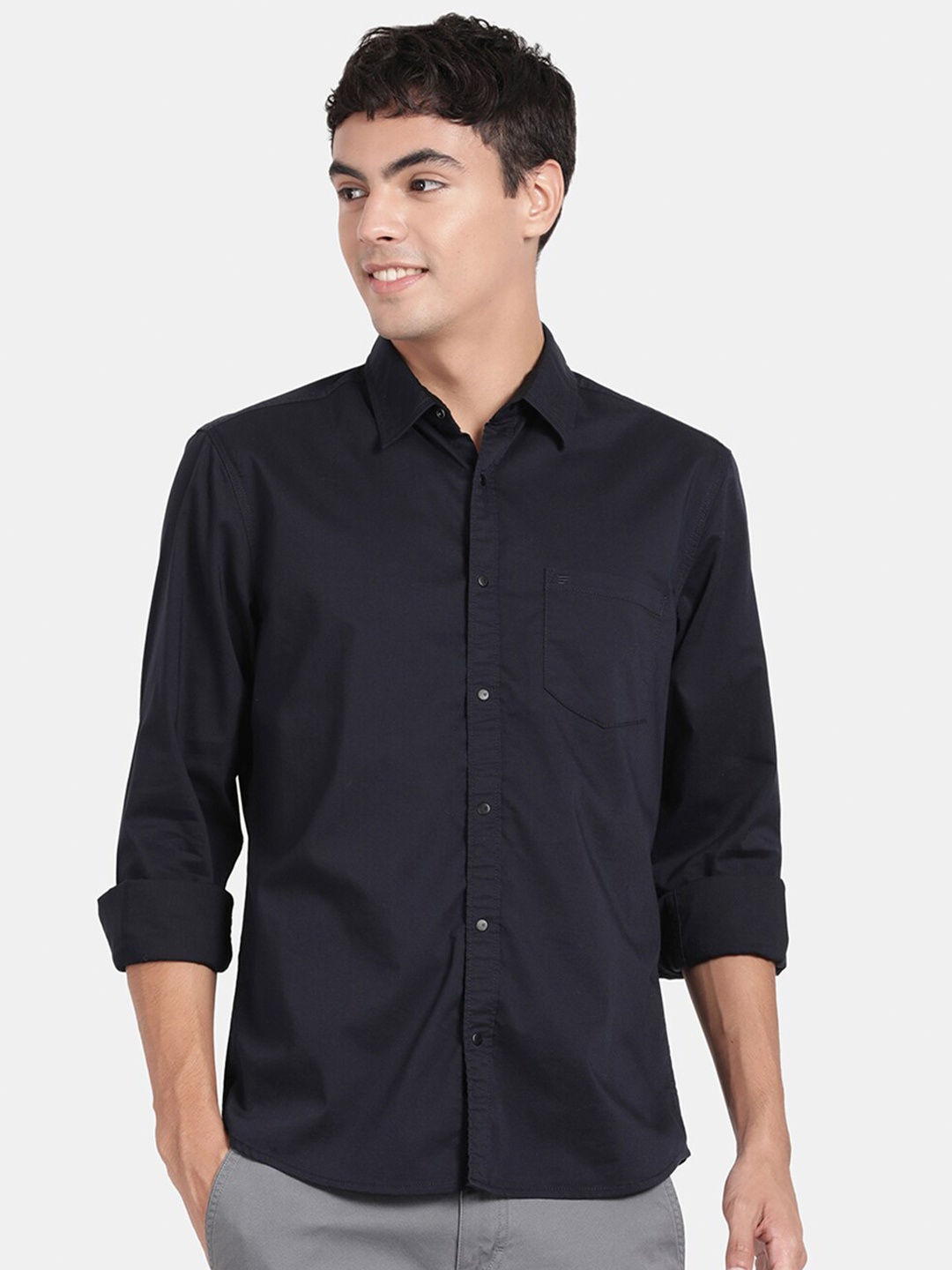 

t-base Spread Collar Cotton Casual Shirt, Navy blue