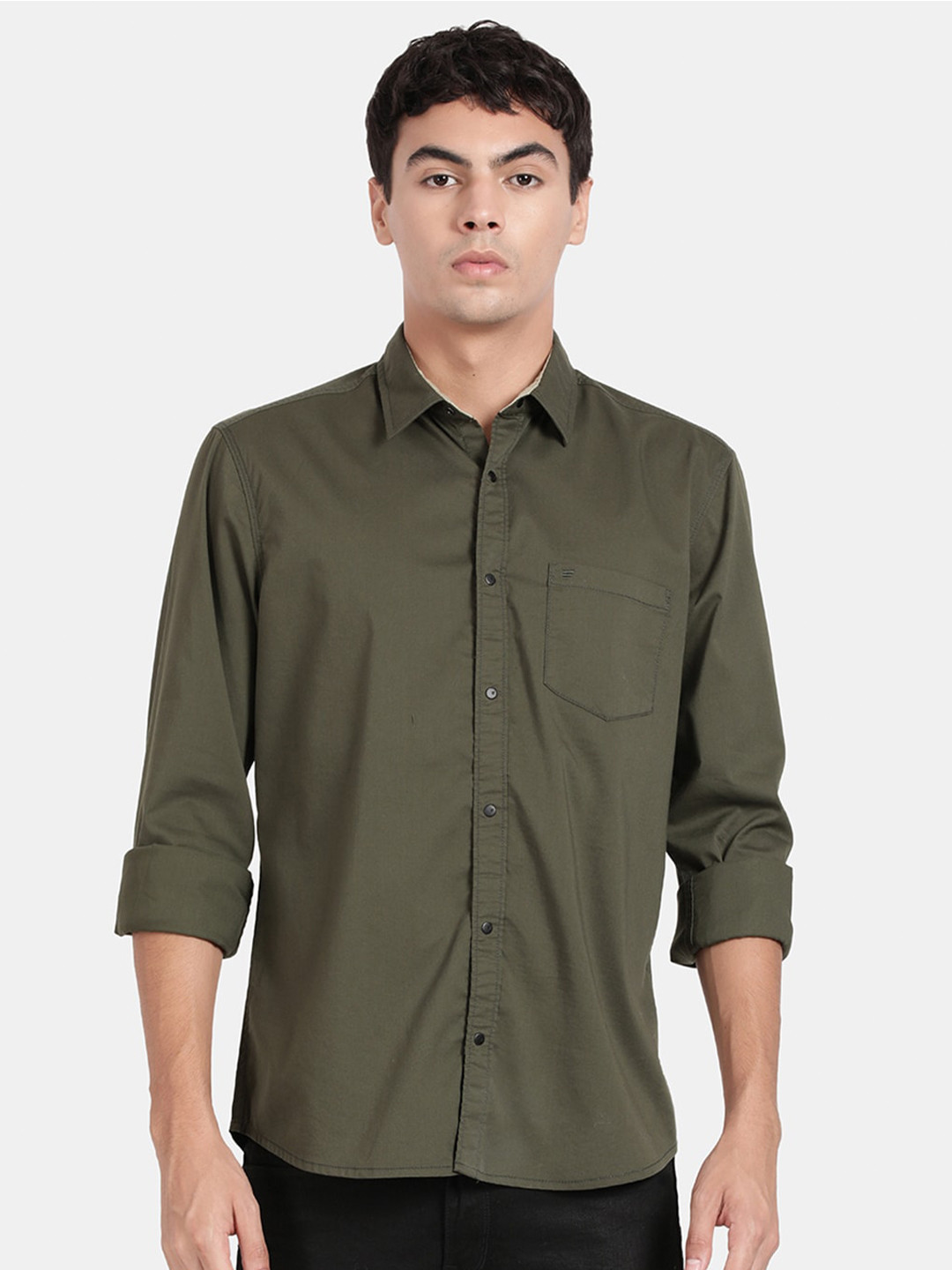 

t-base Spread Collar Cotton Casual Shirt, Green