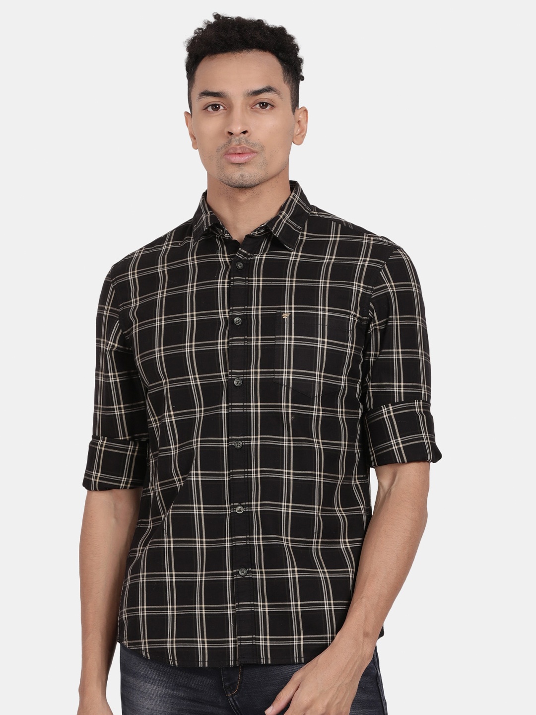 

t-base Tartan Checks Cotton Casual Shirt, Black