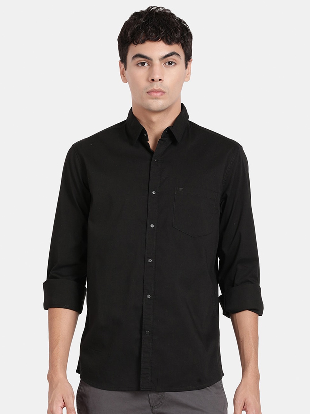 

t-base Spread Collar Cotton Casual Shirt, Black