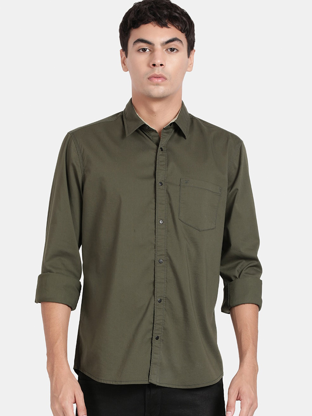 

t-base Spread Collar Cotton Casual Shirt, Green