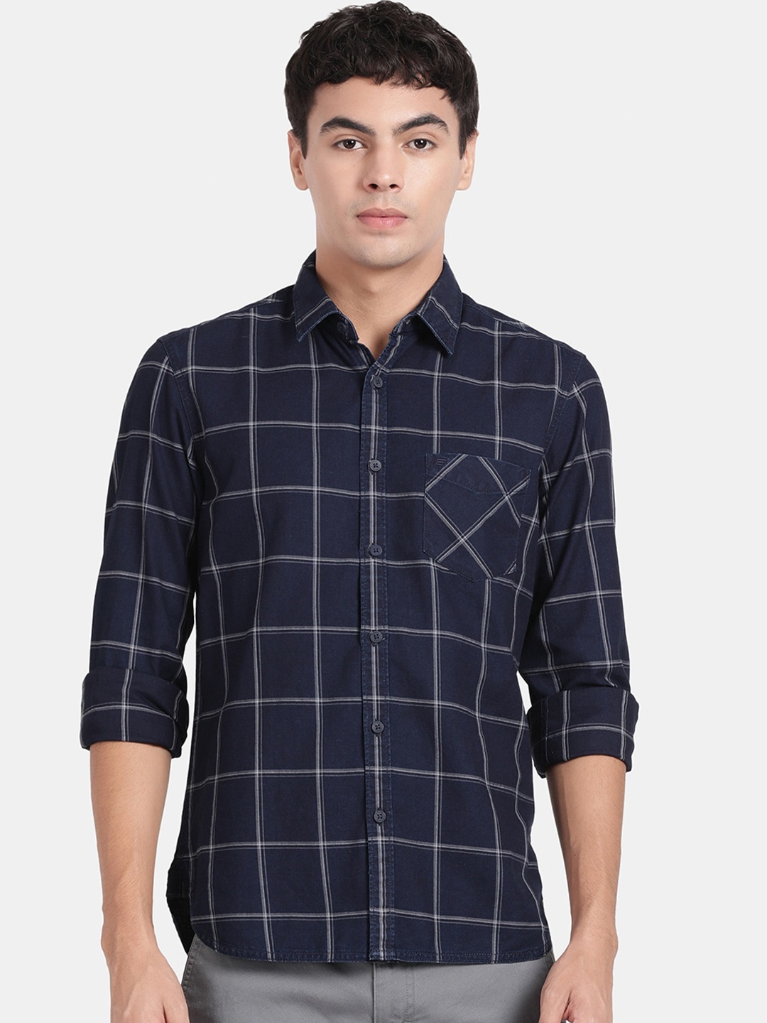 

t-base Windowpane Checked Cotton Casual Shirt, Navy blue